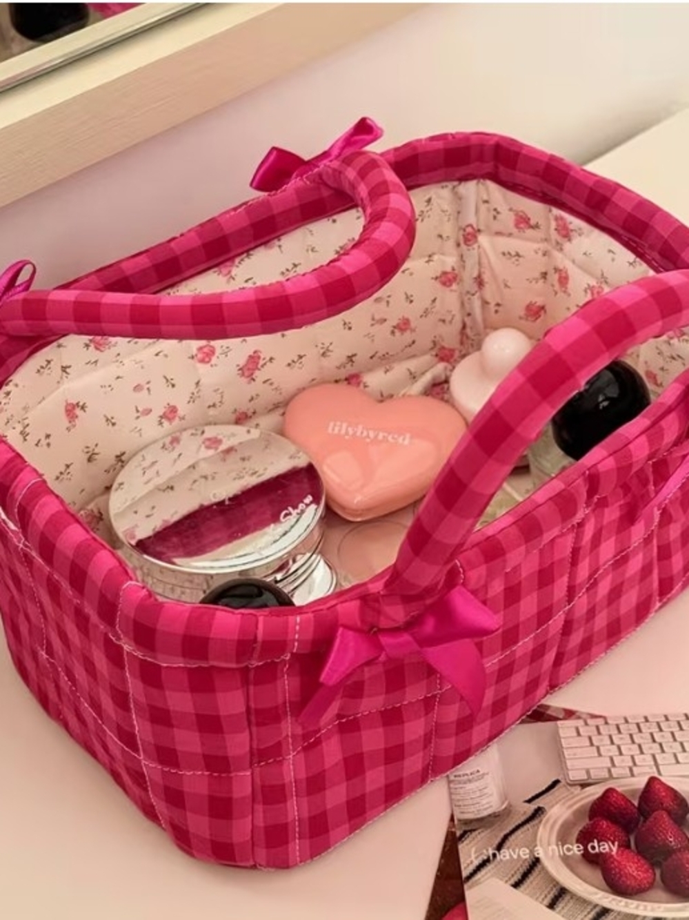 Pink Plaid Cosmetic Caddy Bag - Classic Travel Organizer